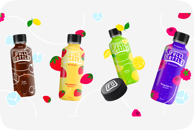 Four Full Bottle mocktails surrounded by fruit and ice illustrations