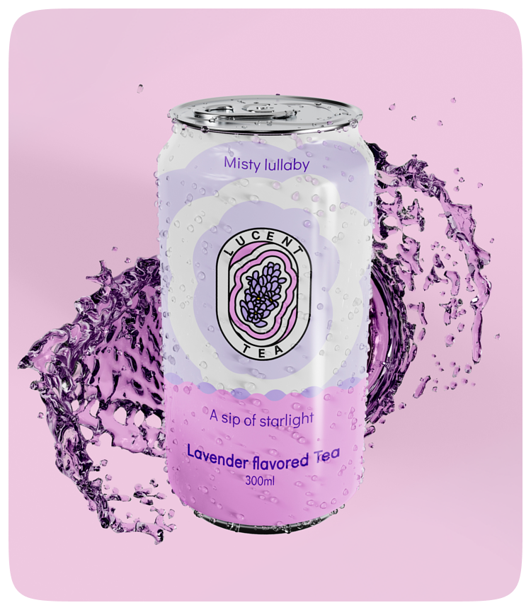Misty lullaby lavender flavored tea can in a purple splash