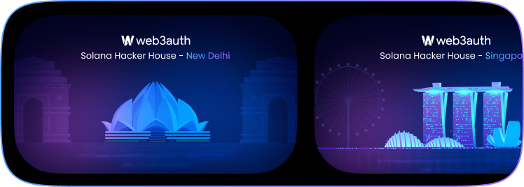 Web3Auth Solana Hacker House event artwork for New Delhi and Singapore