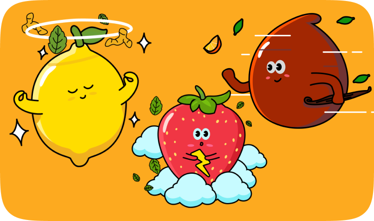 Illustrated lemon, strawberry and date characters