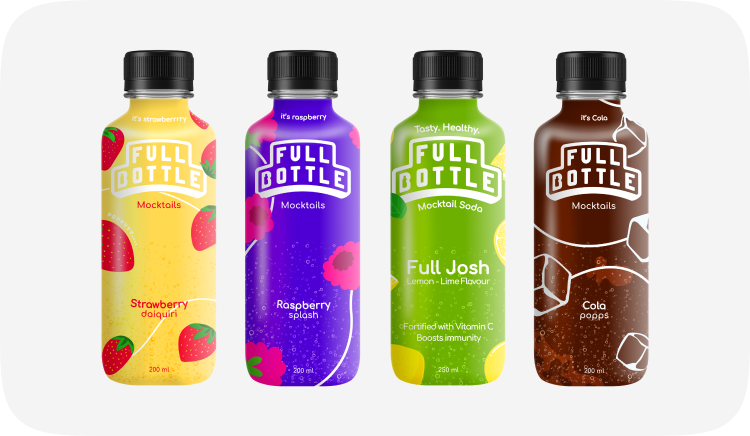 Four Full Bottle mocktail flavors in colorful packaging